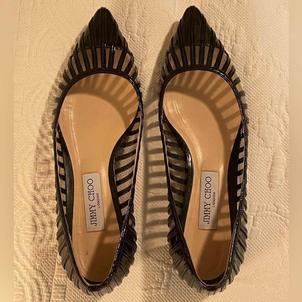 Jimmy Choo Black Patent Caged Pointed Toe Flats